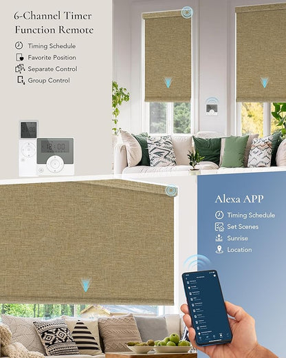 Motorized Blinds Compatible with Alexa Google 100% Blackout Smart Blind Automatic Window Roller Shades Remote Control Custom Size Double-Sided Fabric Coffee