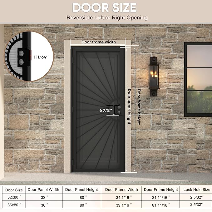 JUBEST 32 in. x 80 in. Security Door, Exterior Front Entry Door, Outswing Steel Security Door with Perforated Metal Screen, Powder Coated Black, Lock Not Include