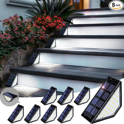 PATIOWIN 8 Pack Solar Step Lights for Outside, 24 LEDs Solar Stair Lights Waterproof IP65, Solar Deck Lights Outdoor Decor for Garden, Porch, Pathway, Patio, Fence(Cold White)