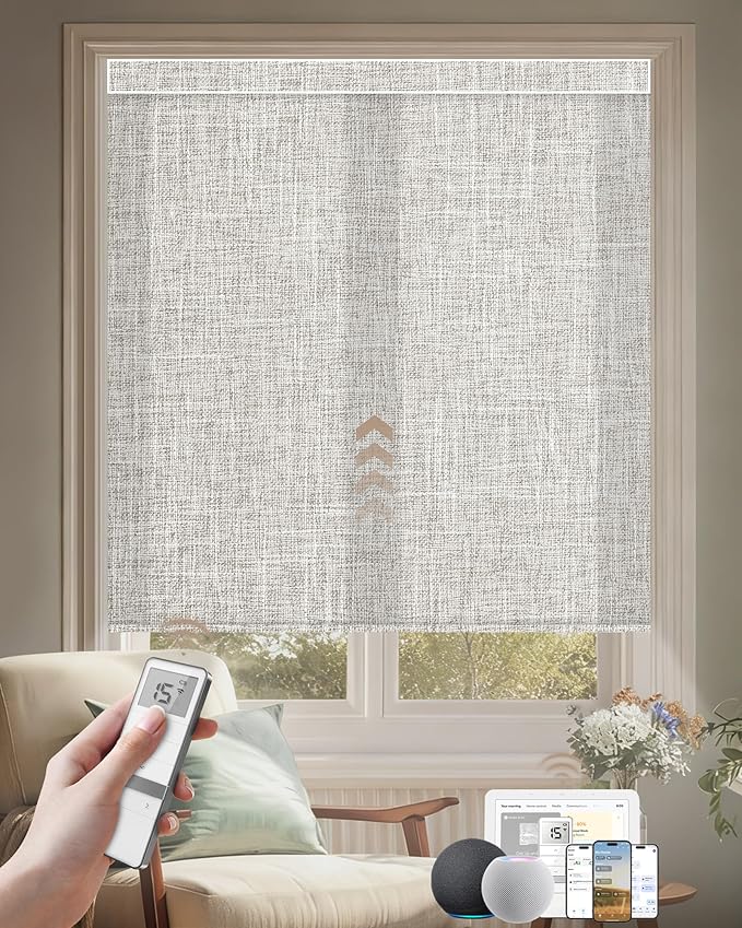 Kincmo Motorized Blinds with Remote, Light Filtering Roller Shades Work with Apple Homekit,Alexa,Google Home, Custom Electric Blinds with App,Voice Control (75% Blackout Mist Ash Grey)