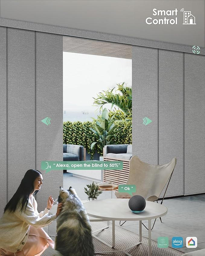 Yoolax Custom XL Smart Sliding Door Blinds, Motorized Sliding Panel Blinds Compatible with Alexa, Fabric Blackout Vertical Rechargeable Battery Shades for Glass Doors(Grid Light Gray)