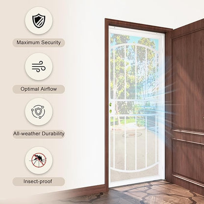 JUBEST 32" x 80" Steel Security Door, Universal/Reversible Outswing Security Screen Door, White Powder-Coated Surface Mount Frame with Expanded Metal Screen, Rust-Resistant, No Handles Included