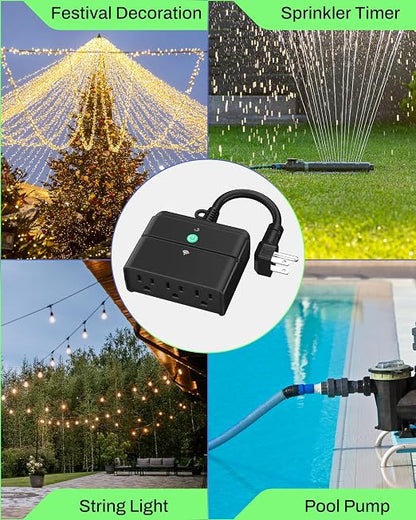 BN-LINK Outdoor Smart Wi-Fi Plug,Heavy Duty 3 Grounded Outlet Timer,2.4GHz | IP44 Weatherproof for Garden & Patio, Works with Alexa & Google Assistant, Voice & Remote Control, Schedule & Countdown