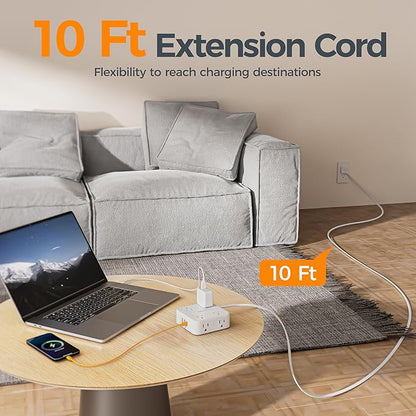 TESSAN Surge Protector Power Strip, 10 Ft Flat Plug Extension Cord with 3 USB (1 USB C) 8 Outlets, 1250W, 900J Protection, 3 Sided Outlet Extender with Power Switch for Office, Dorm Room, White