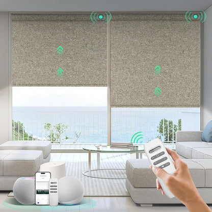 HeyBlinds Motorized Blinds with Remote, 100% Blackout Smart Blinds, Automatic Shades for Windows Compatible with Alexa Google and Homekit, Custom Size(Light Chaser-Coffee BO)