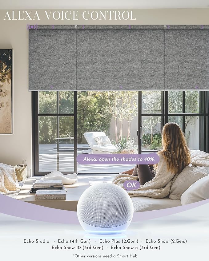 Graywind Smart Coupled Roller Shades Compatible with Alexa Google Custom Size Extra Large Motorized Blinds for Windows(Striped Grey)