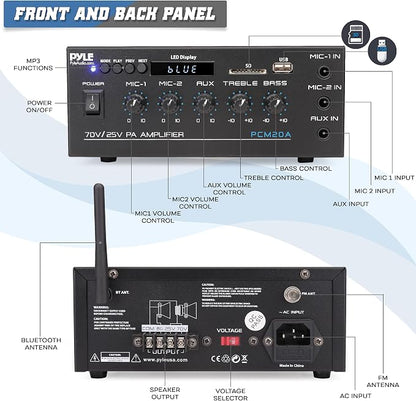 Pyle Compact Mini Home Power Amplifier - 40W Smart Small Audio Stereo Receiver w/AUX, 2 Microphone in, COM/8-Ohm/25V/70V Speakers, LED, Input Selector, for PA, Amplified Speaker Sound System PCM20A.5 | COM/8-Ohm/25V/70V Connect, LED Display - PCM20A.5