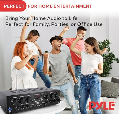 Pyle Bluetooth Wireless Home Amplifier System - Upgraded 6 Channel Audio, 750 Watt Power, Easy Karaoke, Stereo Receiver w USB-A, Micro SD, Headphone, 2 Microphone Input w/Echo, Talkover for PA