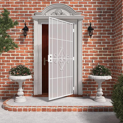 JUBEST 36 in. x 80 in. Security Screen Door, Reversible Powder Coated White Surface Mount Outswing Steel Security Door with Expanded Metal Screen, Prehung Steel Exterior Doors, Durable&Safe