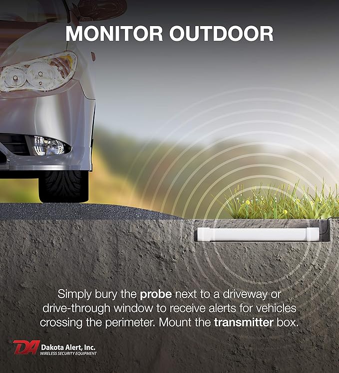 Dakota Alert Driveway Alarm Sensor - DCPT-4000 Driveway Alarms Wireless Outside Weatherproof Vehicle Sensor, 1 Mile Long Range Sensors, Vehicle Detecting Probe Transmitter & 50' Direct Burial Cable