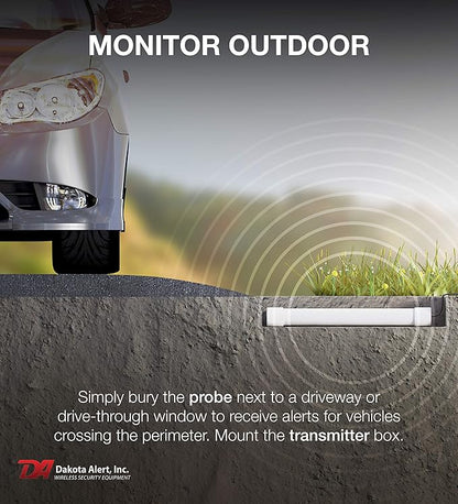 Dakota Alert Driveway Alarm Sensor - DCPT-4000 Driveway Alarms Wireless Outside Weatherproof Vehicle Sensor, 1 Mile Long Range Sensors, Vehicle Detecting Probe Transmitter & 50' Direct Burial Cable