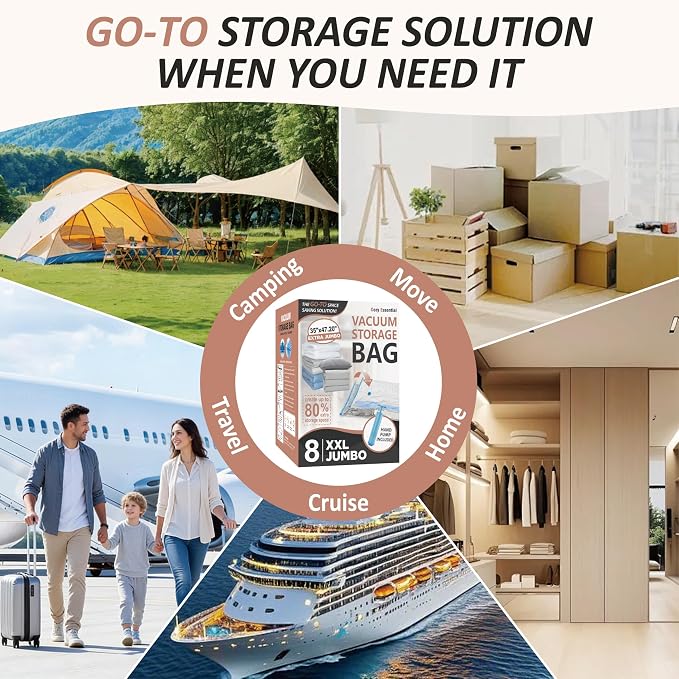 8 XXL Jumbo Vacuum Storage Bags for Bedding, Space Saver with Hand Pump | 47.2" x 35" Extra Large Vacuum Seal Bags for Bedding, Comforters, Blankets & Pillows; 80% Space-Saving Storage for Home