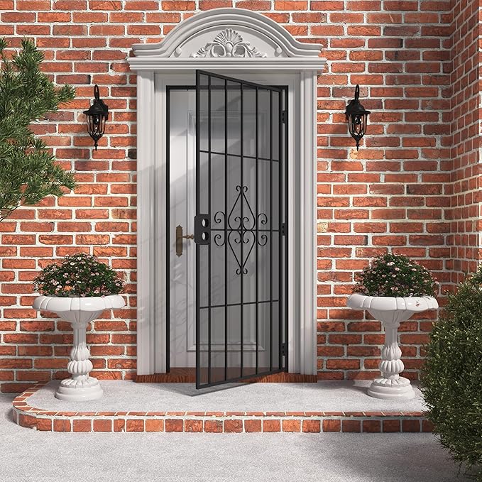 JUBEST 32 in. x 80 in. Security Screen Door, Reversible Powder Coated Black Surface Mount Outswing Steel Security Door with Expanded Metal Screen, Prehung Steel Exterior Doors, Durable&Safe