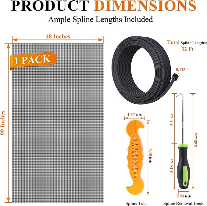 MAGZO Pet Proof Window&Door Screen Replacement Kit, 48" W x 99" L, Best Vinyl Coated Polyester Mesh Dog Cat Resistant Heavy Duty, 32FT Retainer Spline&Spline Removal Hook&Press-Fit Roller Tool, Black