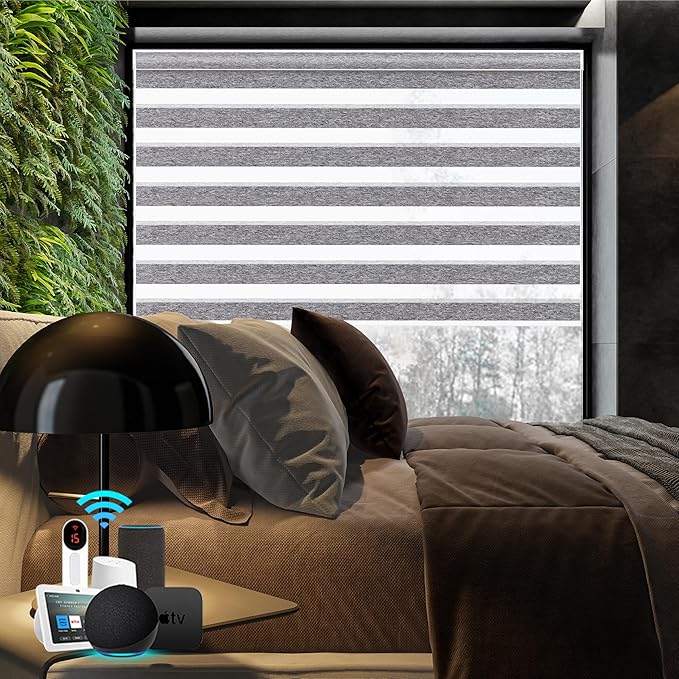 Bringnox Smart Motorized Zebra Roller Blinds - 100% Blackout, Remote Control, Works with HomeKit, Google Home & Alexa via Hub, Custom Size(100% Blackout White Stone-38)