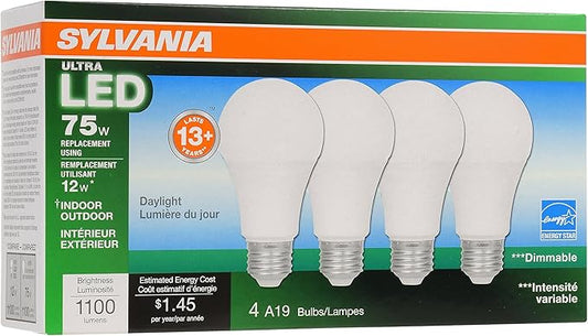 Sylvania A19 Ultra LED Light Bulb, 12W, 75W Equivalent, 13 Years, Dimmable, 1100 Lumens, 5000K, Daylight - 4 Pack (74429)