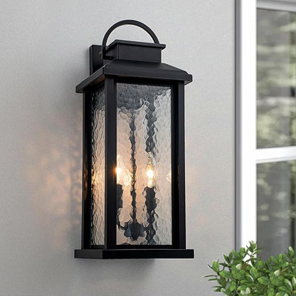 20 Inch Large Outdoor Light Fixture, 2-Light Porch Lights Outdoor Wall Lights with Water Glass, Matte Black Waterproof Exterior Lighting Fixtures Outside Lights for House