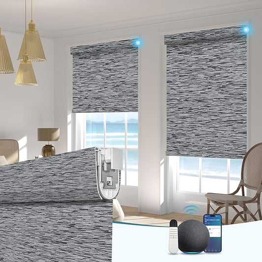 BERISSA Smart Motorized Blinds with Remote,No Drill Automatic Roller Blinds for Indoor Windows,Blackout Linen Fabric,Electric Shades for Windows Home Office,Maze Black,Custom Size