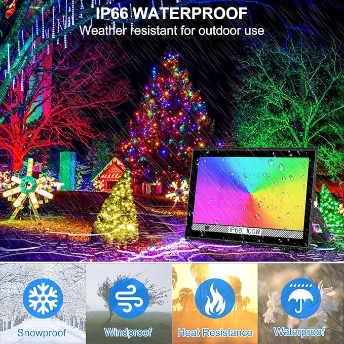 T-SUN RGB Led Flood Light 100W,1000W Equivalent 10000LM Outdoor Flood Light | Christmas Light Color Changing Led Stage Lights IP66 Waterproof Landscape Lights with Remote Outdoor for Garden Yard, US Plug