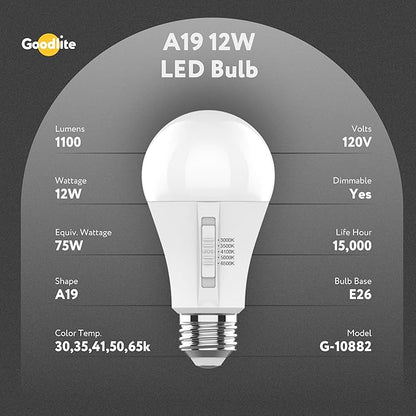 Goodlite A19 LED Bulb, 5 Color Selectable 3000K-3500K-4100K-5000K-6500K, 1100 Lumens, 12W (75W Equivalent), High CRI, 5% Dimmable, UL Listed, Enclosed Fixtures & Damp Rated, 15,000 Hrs. 50pk (G-10882)