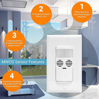 Enerlites MWOS-W Motion Sensor Switch, Ultrasonic and PIR Dual Technology, Occupancy Sensor, Motion Sensor Light Switch, NEUTRAL WIRE REQUIRED, Wall Plate Included, White