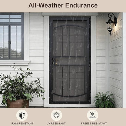 JUBEST 32" x 80" Steel Security Door, Universal/Reversible Outswing Security Screen Door, Black Powder-Coated Surface Mount Frame with Expanded Metal Screen, Rust-Resistant, No Handles Included