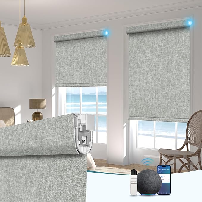 BERISSA Smart Motorized Blinds with Remote,No Drill Automatic Roller Blinds for Indoor Windows,Blackout Linen Fabric,Electric Shades for Windows Home Office,Linen Grey,Custom Size