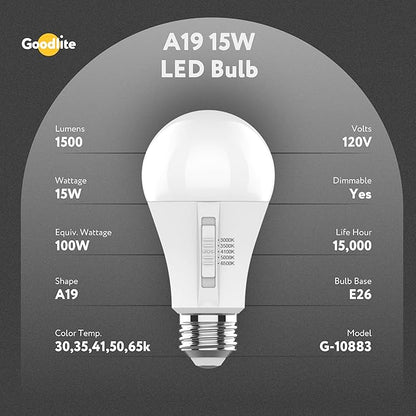 Goodlite A19 LED Bulb, 5 Color Selectable 3000K-3500K-4100K-5000K-6500K, 1500 Lumens, 15W (100W Equivalent), High CRI, 5% Dimmable, UL Listed, Enclosed Fixtures & Damp Rated, 15,000 Hr. 25pk (G-10883)