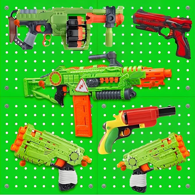Wooden Peg Board for Nerf Gun Storage Organizer 13 x 13 x 0.31 In - Green | 4 MDF Panels, 20 Wooden Pegs, Compatible with All Blasters Nerf Gun Rack Organizer for Wall Organization