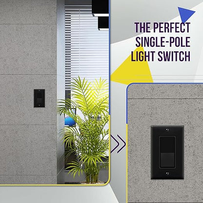 ENERLITES Decorator On/Off Paddle Switch with Wall Plates, Single Pole, 3 Wire, Grounding Screw, Residential Grade, 15A 120V/277V, UL Listed, 91150-BKWP, Black