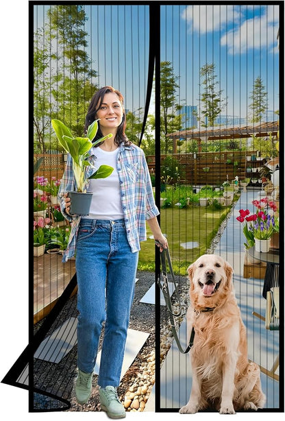 Magnetic Screen Door -Fit Door Size 32.0 x 80.0'' Retractable Screen Door Mesh for Front Door or Sliding Door, Pet & Kid Friendly, Hands-Free Closure Keeps Bugs Out & Lets Breeze in, Stripe Black