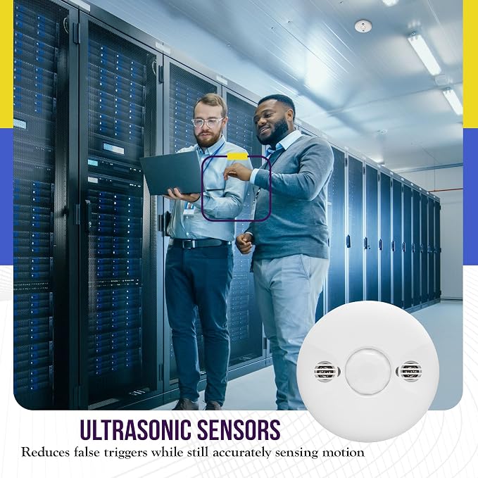 ENERLITES - MDC-50L-Stickered Ultrasonic and PIR Dual Technology Occupancy Sensor, 360 Degree Field of View, 1,600 Sq Ft Coverage, Low Voltage, Commercial Grade, MDC-50L, White