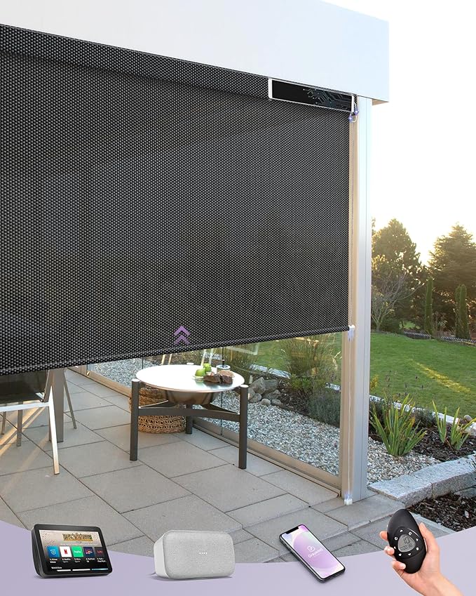 Graywind Motorized Outdoor Shades for Patio, Work with Alexa & Google, Solar Powered Electric Roller Shades for Outside, Custom Size (1% Openness, Black)