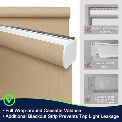 BERISSA Motorized Blinds with Remote,Blackout Smart Blinds for Windows,Linen Fabric,Remote Control,Thermal Insulated Automatic Blinds,Electric Blinds with USB/Solar Pannel.Linen Beige