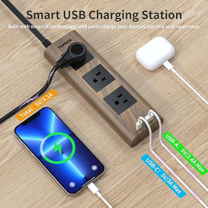 TOPREK Power Strip Surge Protector (1800J), 10 FT Flat Extension Cord with Ultra Thin Flat Plug, 3 Widely-Spaced Outlets with 1 USB-C & 1 USB-A, Wood Finish USB Charging Station for Home, Office, Dorm