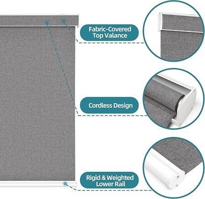 Changshade Custom Size Cordless Roller Shades with Valance, Blackout Roller Shades for Windows Roll-up Fabric Blinds with Thermal Insulated for French Door, Easy Installation Deep Grey