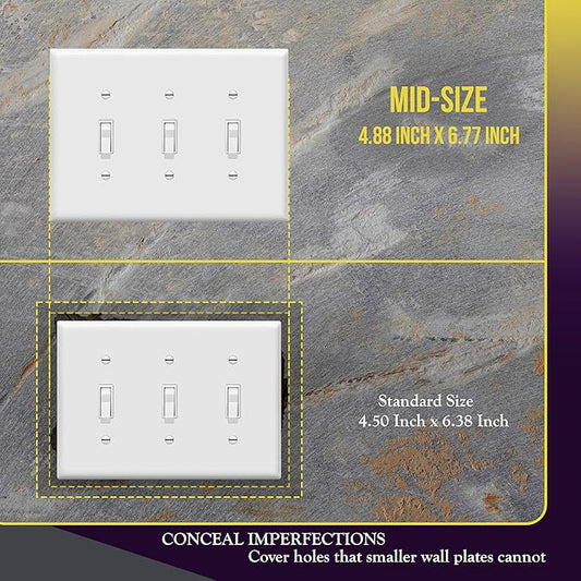 ENERLITES Toggle Light Switch Wall Plate, Gloss Finish, 3-Gang 4.88" x 6.77", Mid-Size, Unbreakable Polycarbonate Thermoplastic, UL Listed, 8813M-W, White
