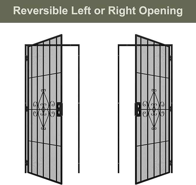 JUBEST 36 in. x 80 in. Security Screen Door, Reversible Powder Coated Black Surface Mount Outswing Steel Security Door with Expanded Metal Screen, Prehung Steel Exterior Doors, Durable&Safe