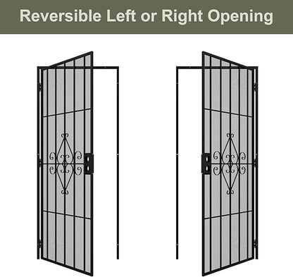 JUBEST 36 in. x 80 in. Security Screen Door, Reversible Powder Coated Black Surface Mount Outswing Steel Security Door with Expanded Metal Screen, Prehung Steel Exterior Doors, Durable&Safe