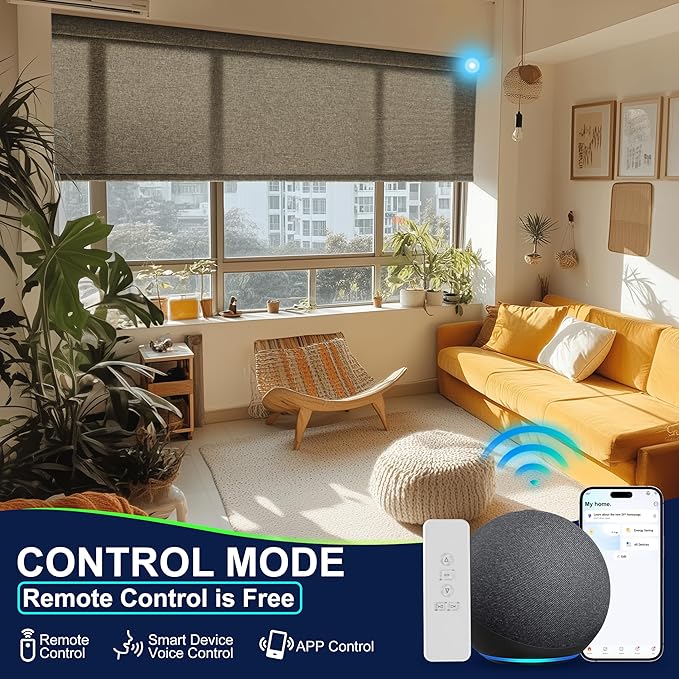 BERISSA Motorized Blinds with Remote,Light Filtering Smart Blinds for Windows,Linen Fabric,Remote Control,Thermal Insulated Automatic Blinds,Electric Blinds with USB/Solar Pannel.Linen Brown