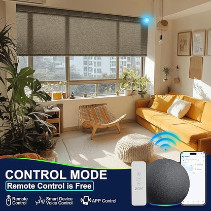 BERISSA Motorized Blinds with Remote,Light Filtering Smart Blinds for Windows,Linen Fabric,Remote Control,Thermal Insulated Automatic Blinds,Electric Blinds with USB/Solar Pannel.Linen Brown