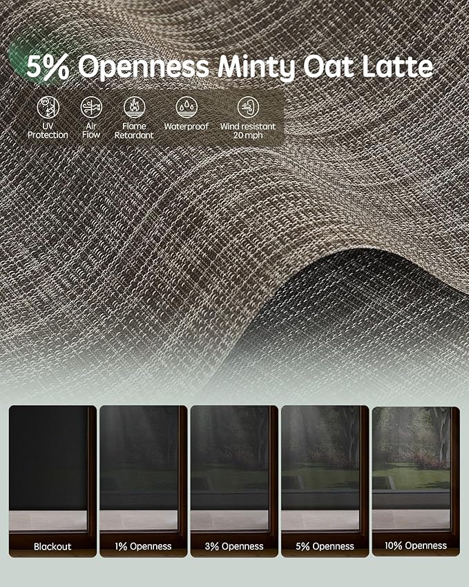 Yoolax Customized Motorized Outdoor Shades, Smart Blinds Compatible with Alexa Google, Remote Control Waterproof Blinds for Patio Porch Windows Outside (5% Openness Minty Oat Latte)