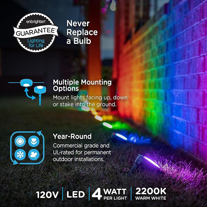 Enbrighten Landscape Lighting, 50ft, 6 Lights, Smart | Color Changing LEDs, Waterproof, Plastic Stakes, 10ft Spacing for Flexible Install, All-in-One Garden & Path Lighting Kit