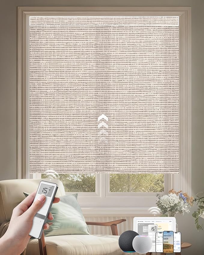 Kincmo Motorized Blinds with Remote, Light Filtering Roller Shades Work with Apple Homekit,Alexa,Google Home, Custom Electric Blinds with App,Voice Control (75% Blackout Classic Sandy)
