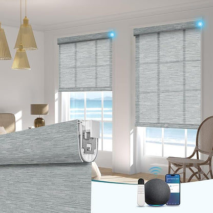 BERISSA Smart Motorized Blinds with Remote,No Drill Automatic Roller Blinds for Indoor Windows,Light Filtering Linen Fabric,Electric Shades for Windows Home Office,Filter Jacquard Grey,Custom Size