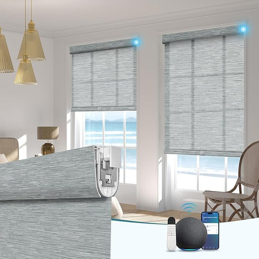 BERISSA Smart Motorized Blinds with Remote,No Drill Automatic Roller Blinds for Indoor Windows,Light Filtering Linen Fabric,Electric Shades for Windows Home Office,Filter Jacquard Grey,Custom Size