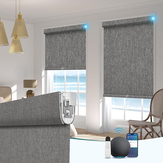 BERISSA Smart Motorized Blinds with Remote,No Drill Automatic Roller Blinds for Indoor Windows,Blackout Linen Fabric,Electric Shades for Windows Home Office,Double-Sided Dark Grey,Custom Size