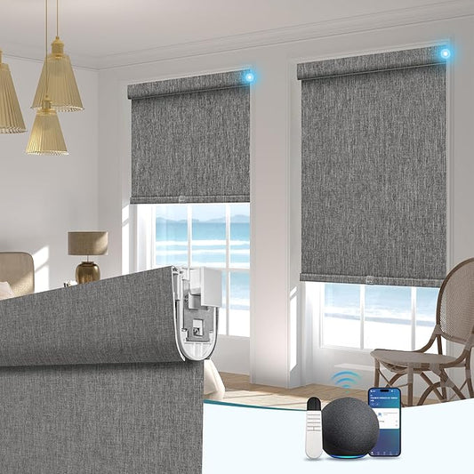 BERISSA Smart Motorized Blinds with Remote,No Drill Automatic Roller Blinds for Indoor Windows,Blackout Linen Fabric,Electric Shades for Windows Home Office,Double-Sided Dark Grey,Custom Size