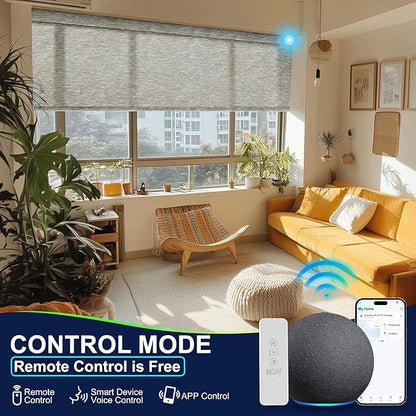 BERISSA Motorized Blinds with Remote,Light Filtering Smart Blinds for Windows,Jacquard Fabric,Remote Control,Thermal Insulated Automatic Blinds,Electric Blinds with USB/Solar Pannel.Brown
