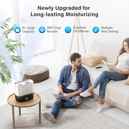 JRD Humidifiers for Bedroom, Ultrasonic Humidifier 4L for Large Room, Cool Mist Top-Fill, 40H Run, 12H Timer, 360° Nozzle, Aroma Diffuser, 7-Color Night Light for Home, Office, Baby(White)